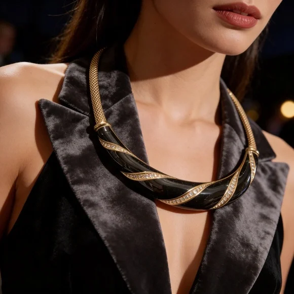 Vintage Dior Necklace Bold Black Enamel Rhinestone Designer Piece - Picture 2 of 14